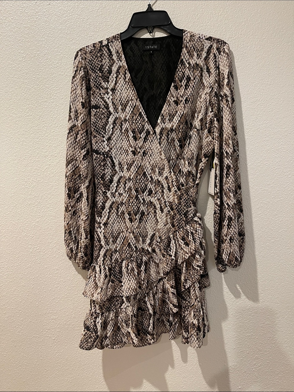 STATE Snake-Print Wrap Mini Dress in Brown and Black